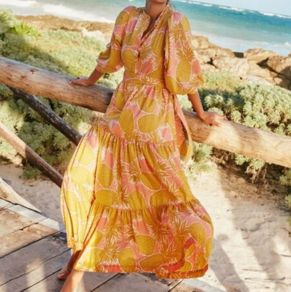 Boden Ava Tiered Maxi Dress In Pinapple Print Size 14 - Picture 15 of 16
